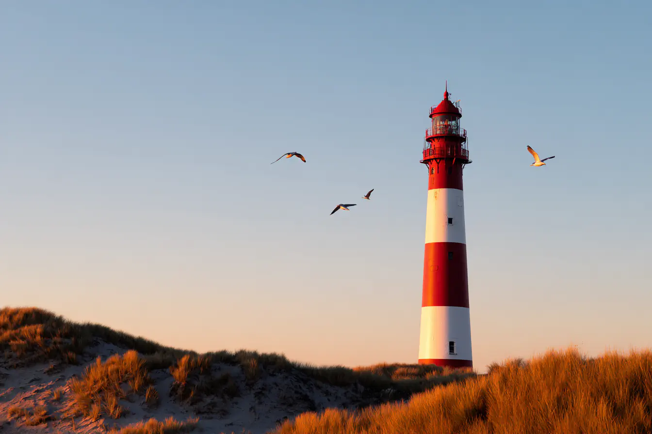 Leuchtturm Norderney rot-weiß gestreift, Möwen fliegen, Dünen im Abendlicht.