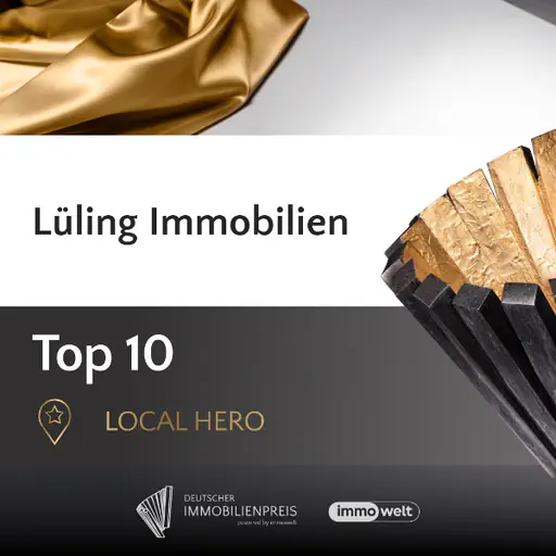 Lüling Immobilien: Top 10 Local Hero Auszeichnung mit goldenem Stoff und Preis.